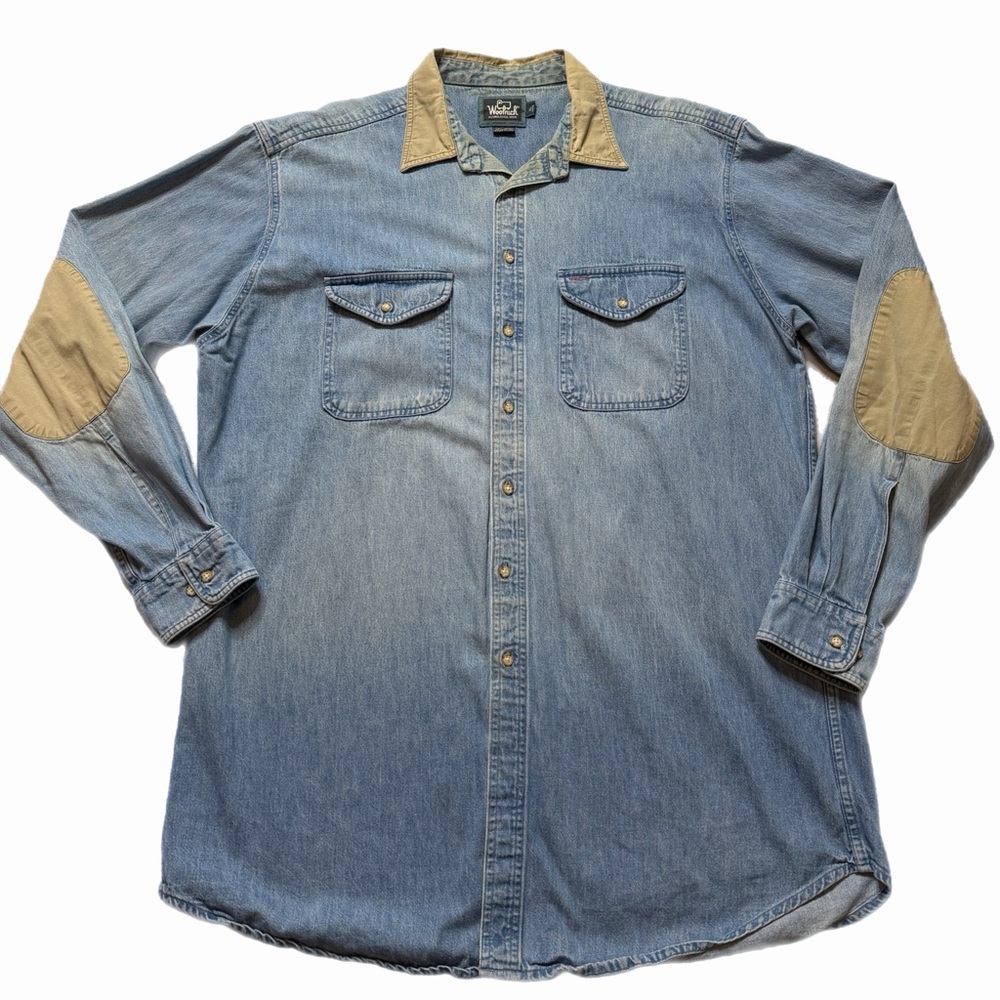 VTG 80s Woolrich Men’s Denim Elbow Patch Button Down Shirt XL Tall Made in USA
